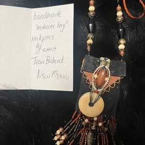Vintage 1995 Handmade Beaded medicine bag Necklace with Black and Brown Accents